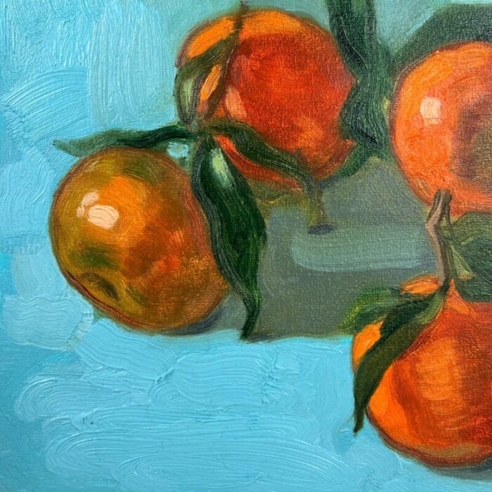 blue still life with tangerines oil on canvas painting 2000s 8478