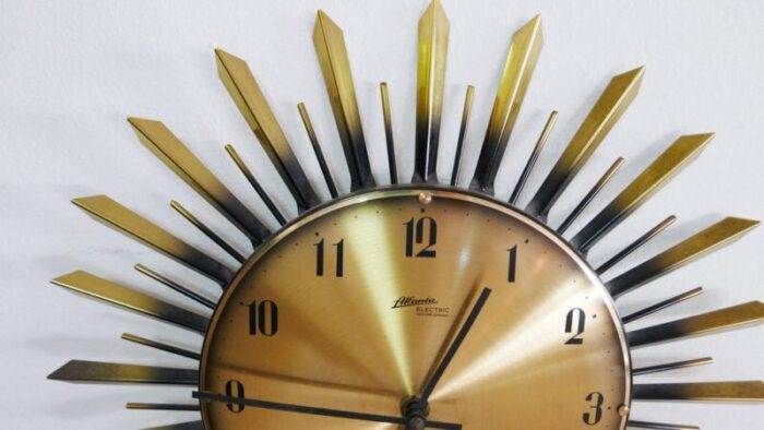 brass sunburst wall clock from atlanta electric germany 1960s 4