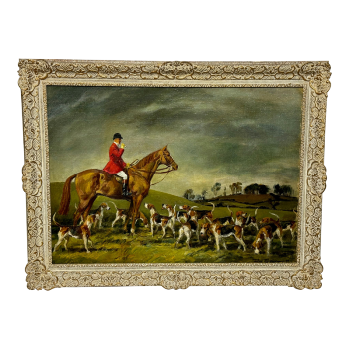 british oil painting red coat huntsman with hound dogs fernie hunt by john theodore kenney 1957 framed 5390