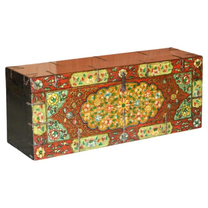 chinese hand painted linen trunk 1