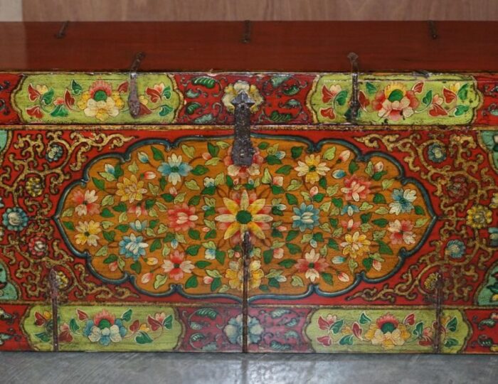 chinese hand painted linen trunk 5