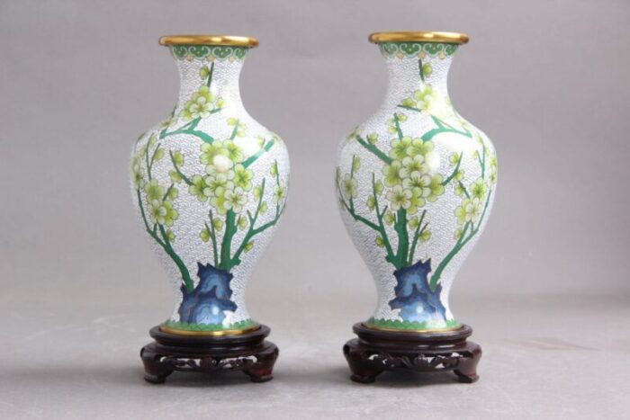 chinese jingfa vases in enamel metal wood 1960s set of 2 1