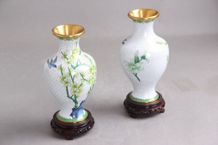 chinese jingfa vases in enamel metal wood 1960s set of 2 2