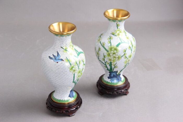 chinese jingfa vases in enamel metal wood 1960s set of 2 3