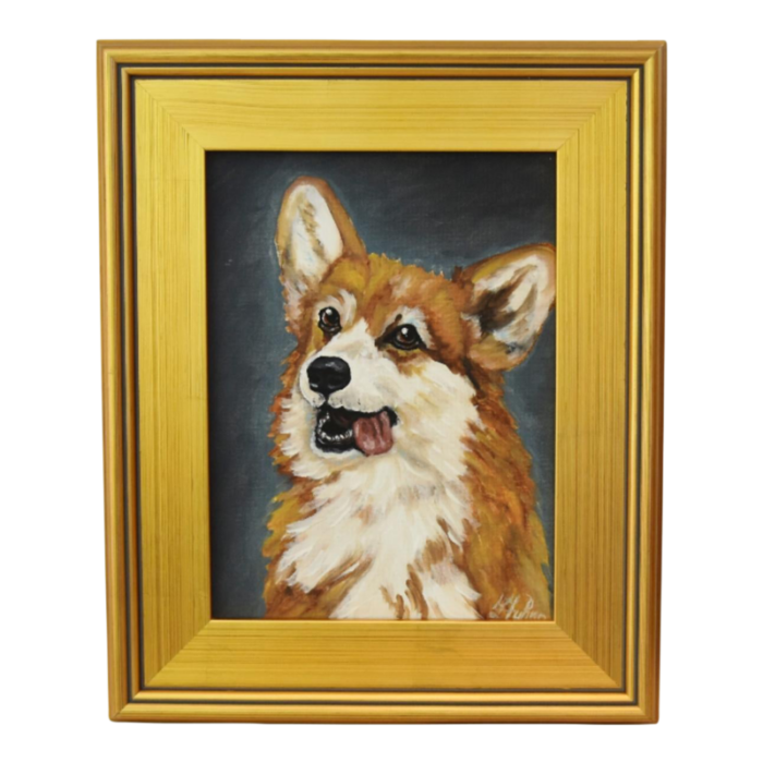 corgi dog pet portrait oil painting including the antiqued gold wood frame 3596