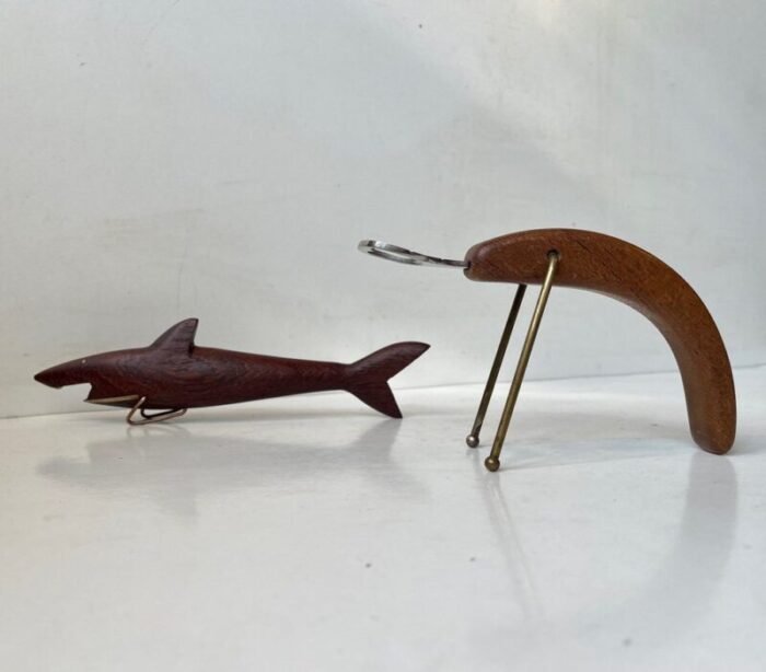 danish shark and lobster bottle openers in teak 1960s set of 2 1