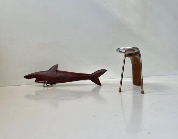 danish shark and lobster bottle openers in teak 1960s set of 2 2