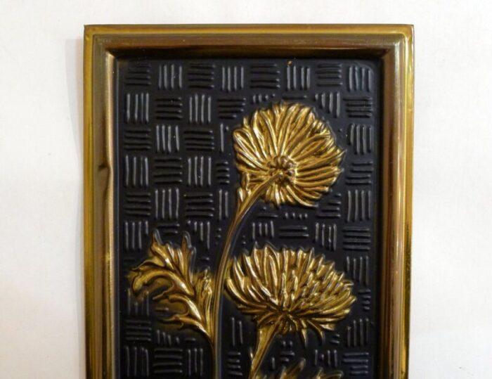 decorative wall plates with floral motif in black gold metal from elpec england 1960s set of 2 4