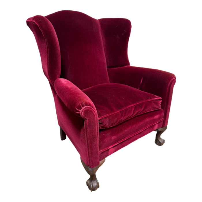 deep red maroon mohair armchair claw feet 4377