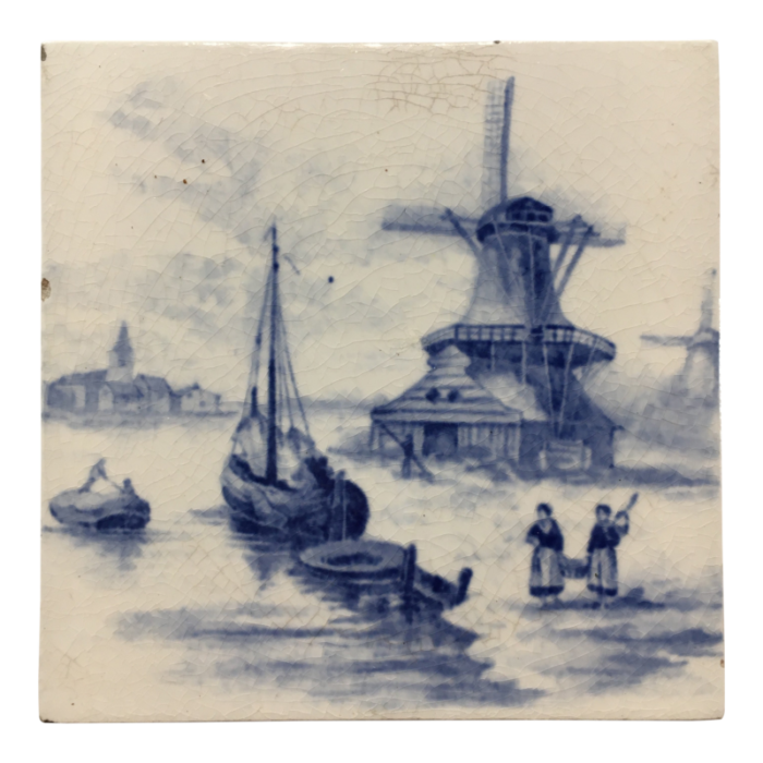 delft windmill scene hand painted porcelain tile 1546