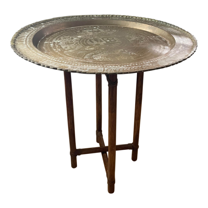 early 20th century antique bronze portable tea table folding wooden stand 8488