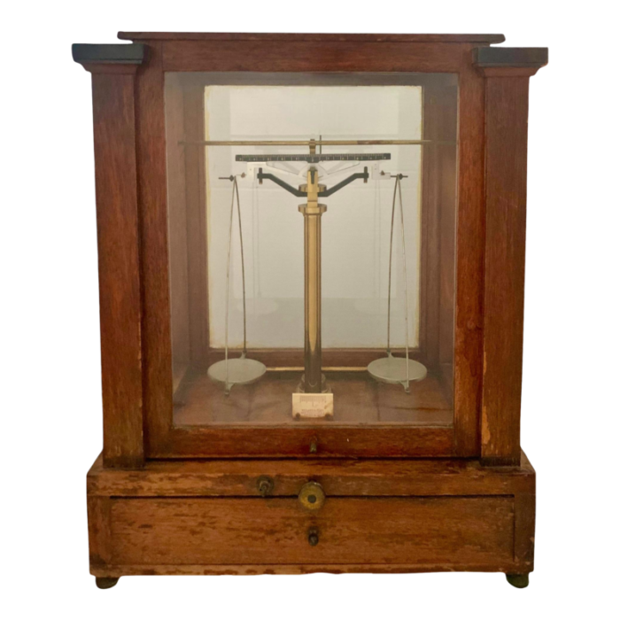 early 20th century antique pharmacist scale in wood glass case by voland and sons 0442