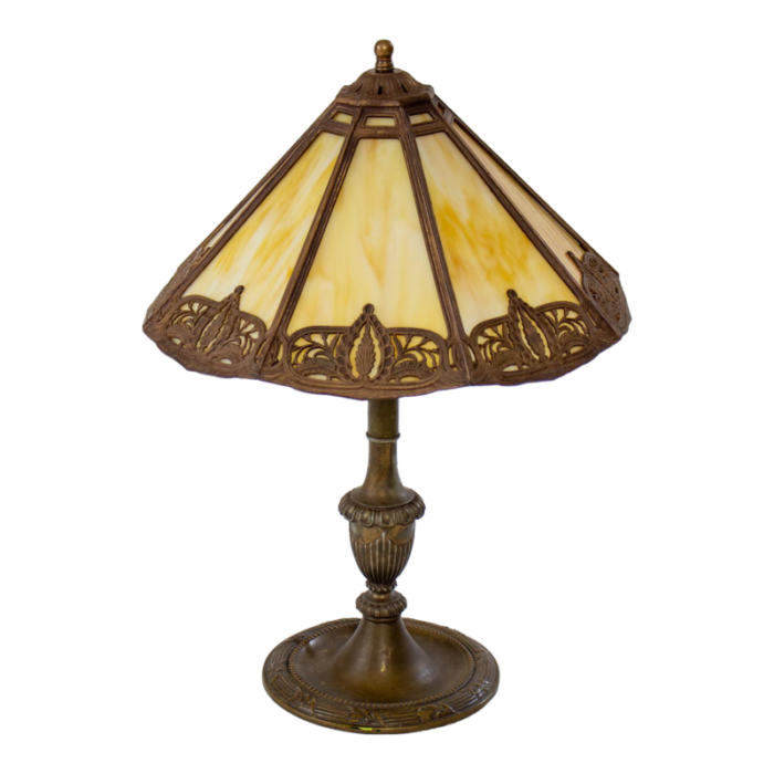 early 20th century bradley and hubbard panel glass lamp with caramel slag glass 2438