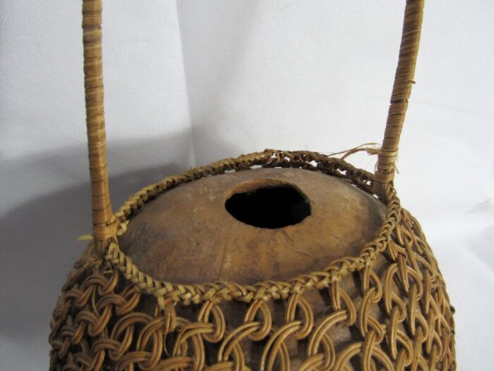 early 20th century javanese woven gourd basket wood frog stopped 3173