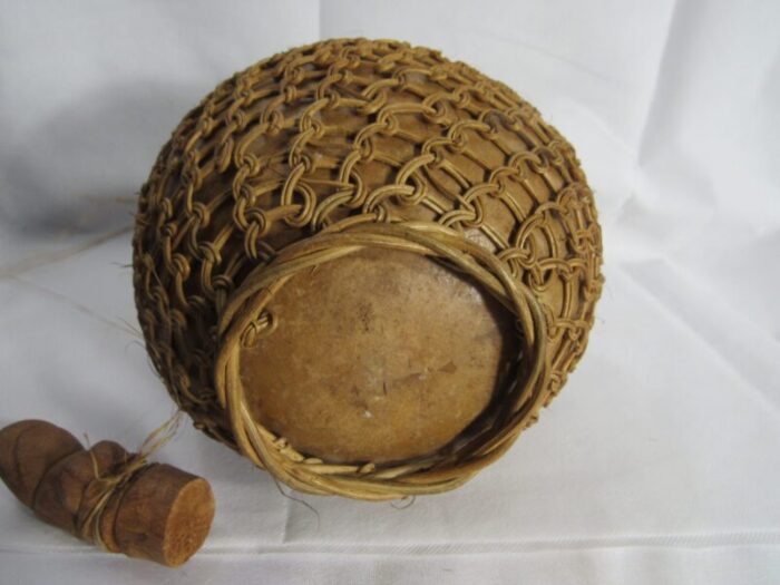 early 20th century javanese woven gourd basket wood frog stopped 9505