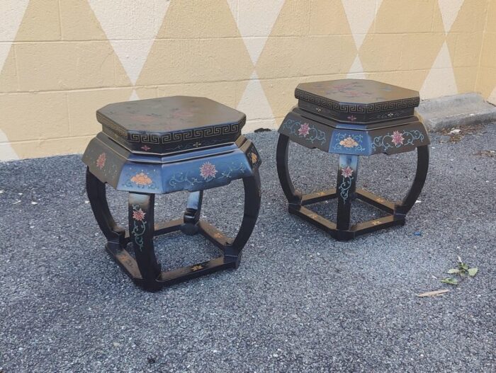 early 20th century vintage black lacquer garden stool tables with bird and floral designs a pair 1921