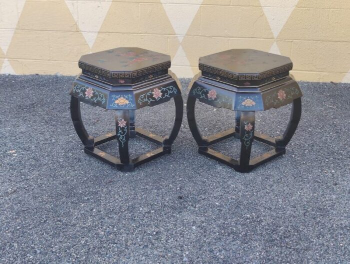 early 20th century vintage black lacquer garden stool tables with bird and floral designs a pair 2359