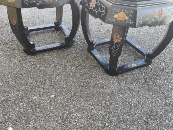 early 20th century vintage black lacquer garden stool tables with bird and floral designs a pair 2410