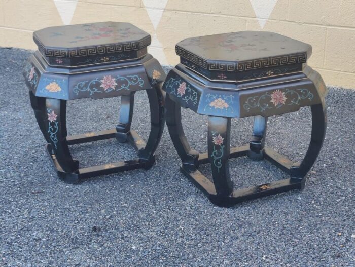 early 20th century vintage black lacquer garden stool tables with bird and floral designs a pair 4649