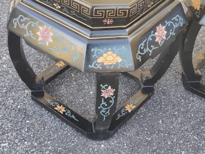 early 20th century vintage black lacquer garden stool tables with bird and floral designs a pair 5100