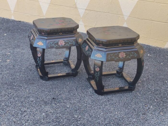 early 20th century vintage black lacquer garden stool tables with bird and floral designs a pair 5260