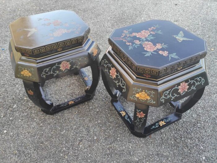 early 20th century vintage black lacquer garden stool tables with bird and floral designs a pair 6175