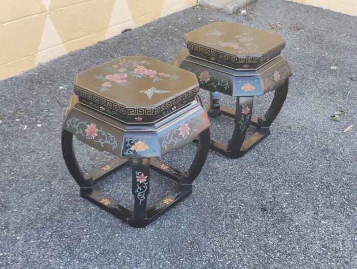 early 20th century vintage black lacquer garden stool tables with bird and floral designs a pair 6528