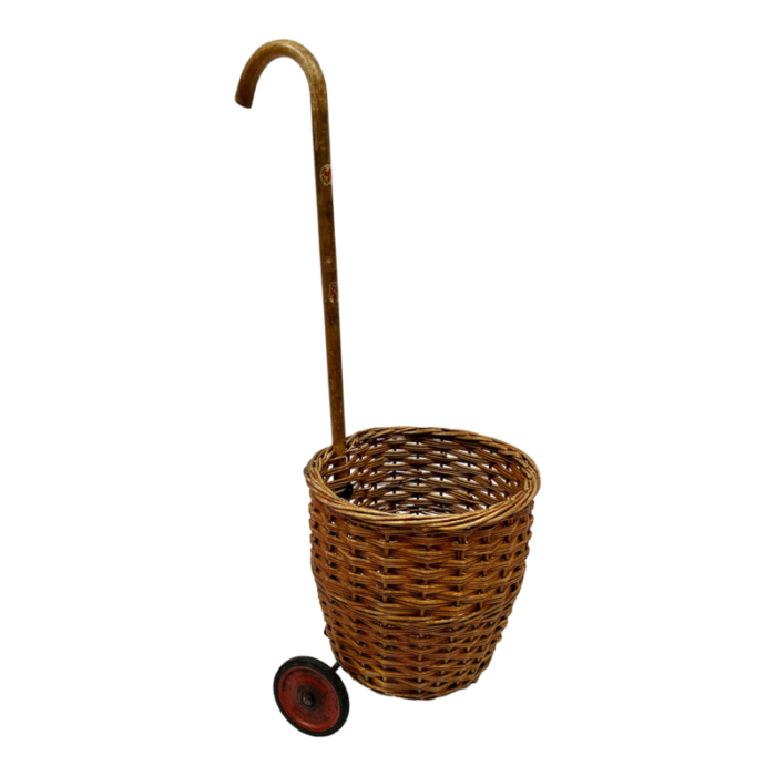 early 20th century vintage french rolling market basket with cane 4458