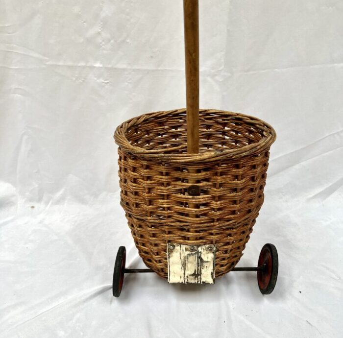 early 20th century vintage french rolling market basket with cane 9494