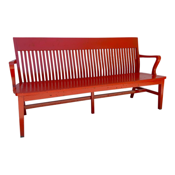 early 20th century vintage orange red painted farmhouse bench seat 4533