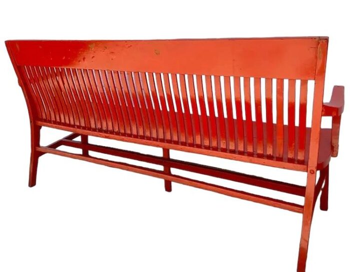 early 20th century vintage orange red painted farmhouse bench seat 5275