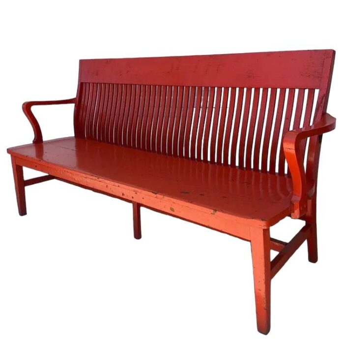 early 20th century vintage orange red painted farmhouse bench seat 9939