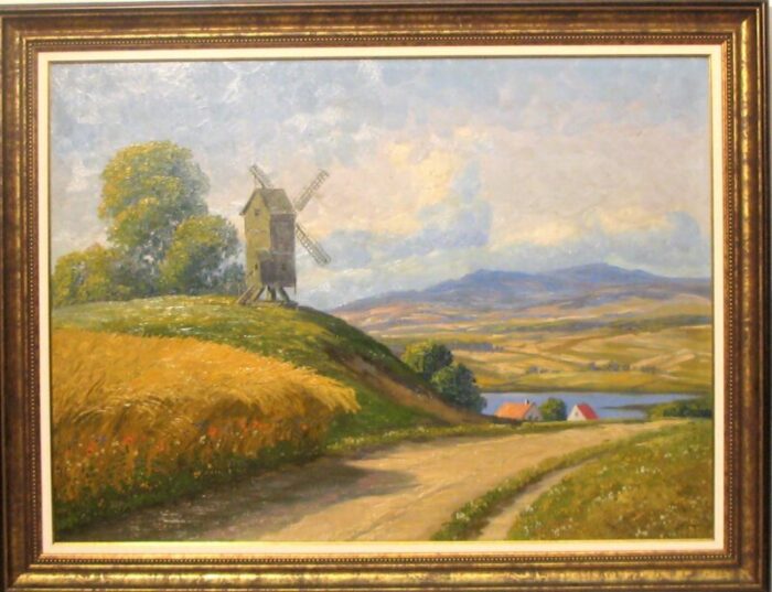 early 20th century windmill landscape painting framed 1523