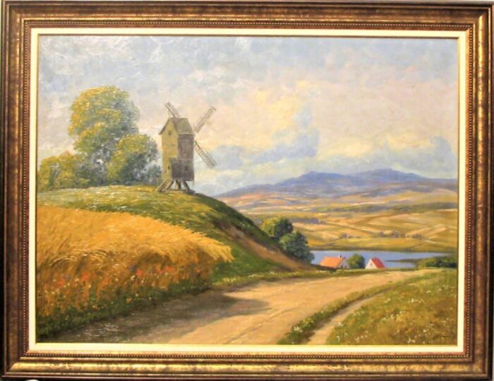 early 20th century windmill landscape painting framed 9528