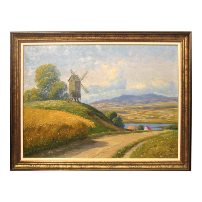 early 20th century windmill landscape painting framed 9988