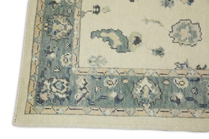 early 21st century blue and pink floral design handwoven wool turkish oushak runner 210 x 109 2536