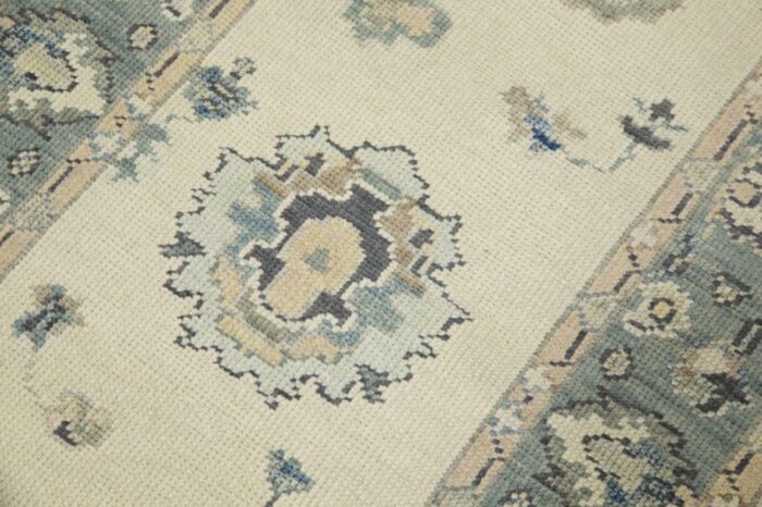 early 21st century blue and pink floral design handwoven wool turkish oushak runner 210 x 109 4586