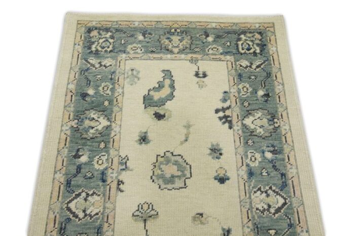 early 21st century blue and pink floral design handwoven wool turkish oushak runner 210 x 109 7703