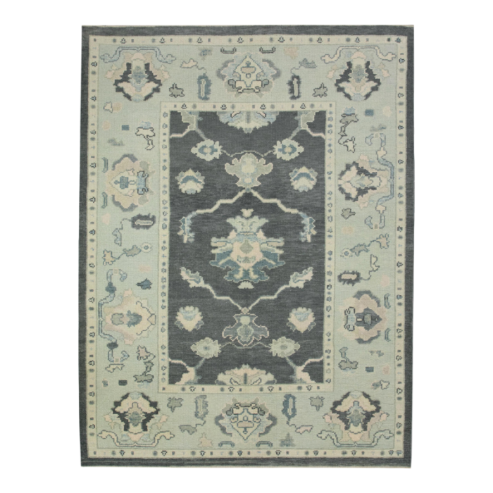 early 21st century charcoal and blue floral design handwoven wool turkish oushak rug 411 x 610 7405