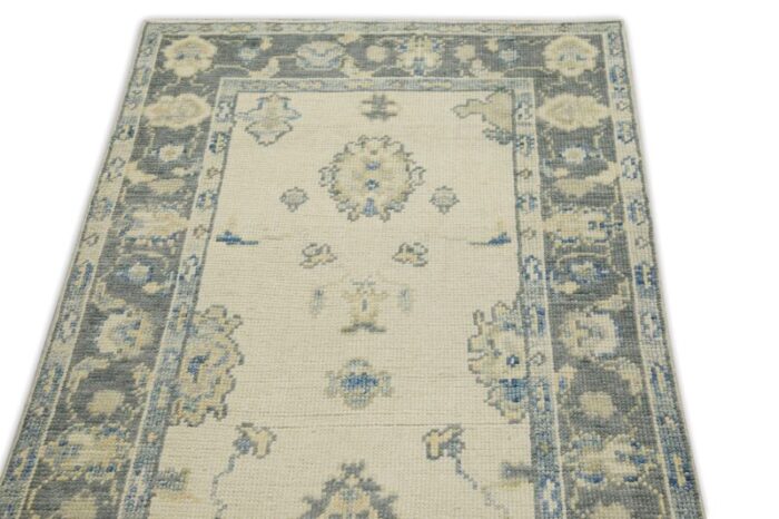 early 21st century cream and gray floral design handwoven wool turkish oushak runner 211 x 134 6639