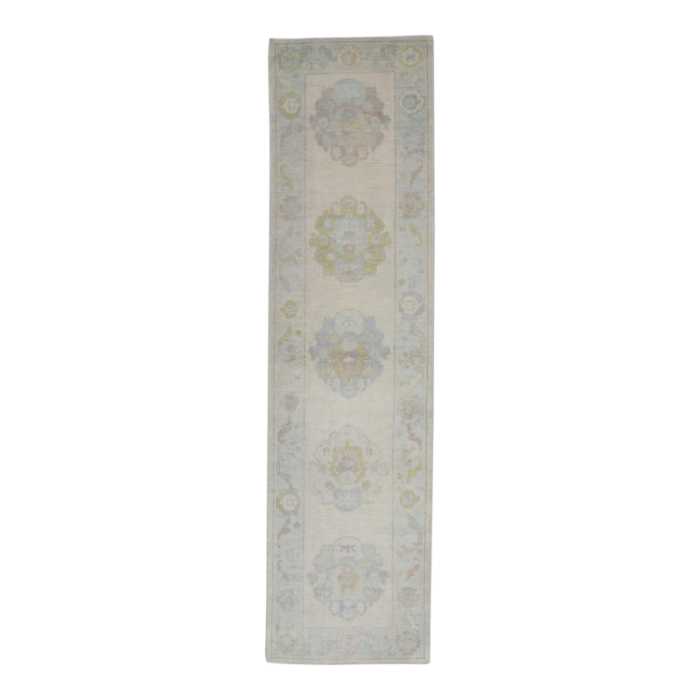 early 21st century cream multicolor floral design handwoven wool turkish oushak runner rug 28 x 10 handmade oriental rug 1338