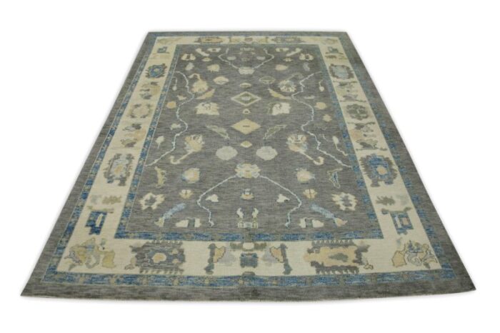 early 21st century gray floral design handwoven wool turkish oushak rug 61 x 84 5820