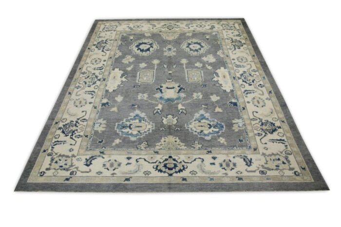 early 21st century gray floral design handwoven wool turkish oushak rug 83 x 106 4638