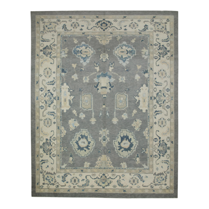 early 21st century gray floral design handwoven wool turkish oushak rug 83 x 106 6792