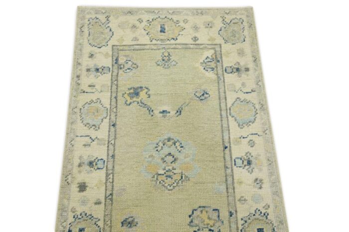 early 21st century green and blue floral design handwoven wool turkish oushak runner 25 x 92 7715