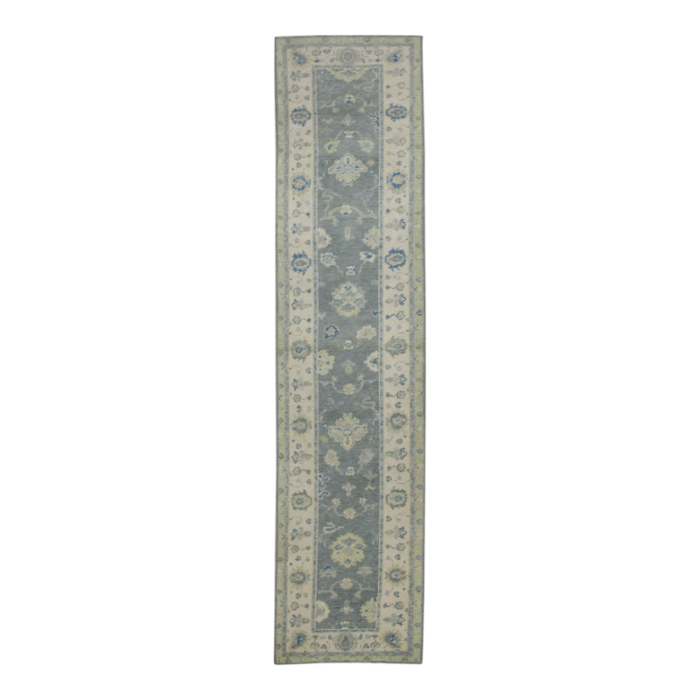 early 21st century green and blue floral design handwoven wool turkish oushak runner rug 29 x 114 3790