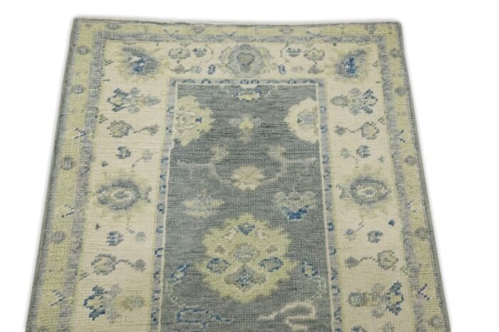 early 21st century green and blue floral design handwoven wool turkish oushak runner rug 29 x 114 6989