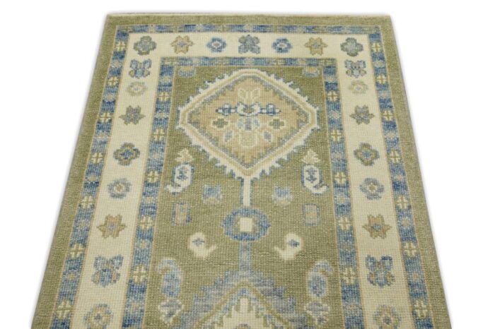 early 21st century green and blue geometric design handwoven wool turkish oushak runner 210 x 139 2115