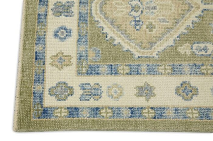 early 21st century green and blue geometric design handwoven wool turkish oushak runner 210 x 139 3005