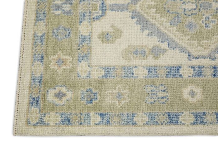 early 21st century green and blue geometric design handwoven wool turkish oushak runner 211 x 125 8550